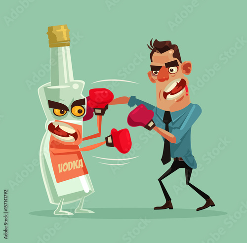 Angry man fights with alcohol bottle characters and trying quit drinking vodka. Vector flat cartoon illustration