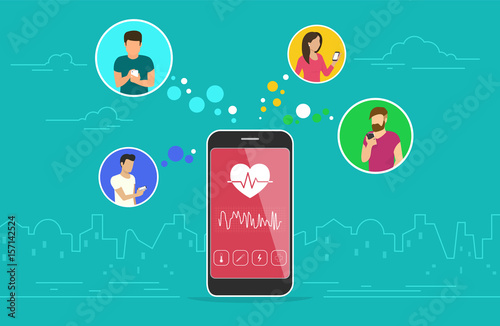 Health care mobile app concept design. Flat vector illustration of young men and women in circle icons using smartphone mobile app for tracking heart beating data and getting information of pulse rate