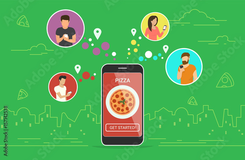 Ordering pizza online concept design. Flat vector illustration of young men and women in circle icons using smartphone mobile app for ordering tasty pizza pepperoni via application. Online food banner