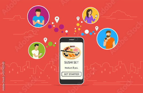 Ordering sushi concept design. Flat vector illustration of young men and women in circle icons using smartphone mobile app for ordering tasty japaneese sushi set via application. Online food banner