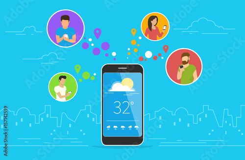 Weather forecast concept design. Flat vector illustration of men and women in circle icons using smartphone mobile app for tracking weekly weather forecast via application. Mobile technologies banner