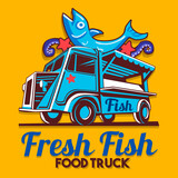 Food truck logotype for fish shop fishmonger fast delivery service or food festival. Truck van with advertise ads vector logo