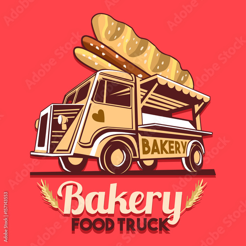 Food truck logotype for bakery bread fast delivery service or bakers food festival. Truck van with advertise ads vector logo