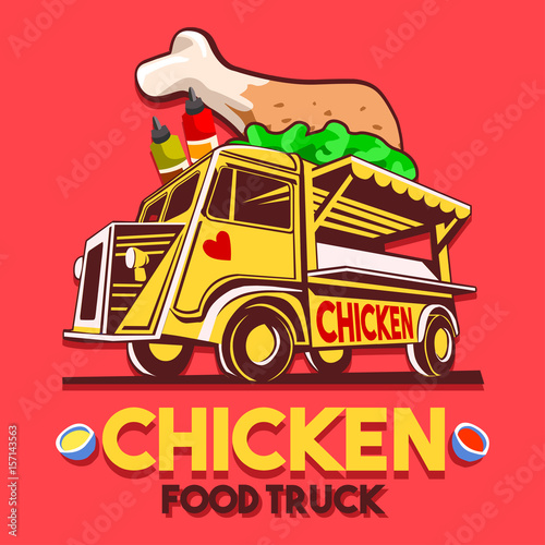 Food truck logotype for crispy fried chicken wings fast delivery service or summer food festival. Truck van with fried chicken wings advertise ads vector logo