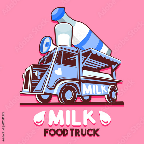 Food truck logotype for dairy milk bar fast delivery service or food festival. Truck van with dairy fresh milk advertise ads vector logo