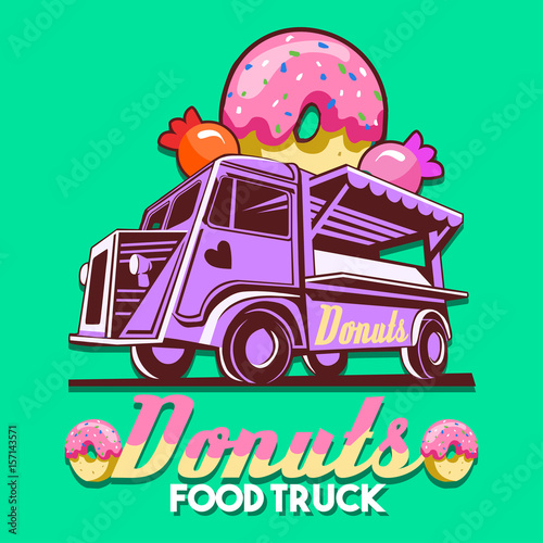 Food truck logotype for pink donut sweets shop chain fast delivery service or food festival. Truck van with strawberry glazed donut advertise ads vector logo