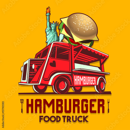 Food truck logotype for usa us american hamburger burger restaurant fast delivery service or food festival. Truck van with hamburger advertise ads vector logo