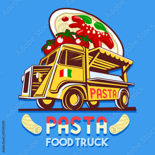 Food truck logotype for Italian pasta fast delivery service or summer food festival. Truck van with Italian pasta advertise ads vector logo