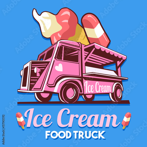 Food truck logotype for ice cream cart store stand fast delivery service or summer food festival. Truck van with ice cream advertise ads vector logo