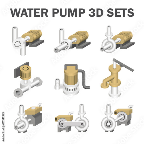 Vector icon of electric water pump and agriculture equipment for water distribution isolated on white background.