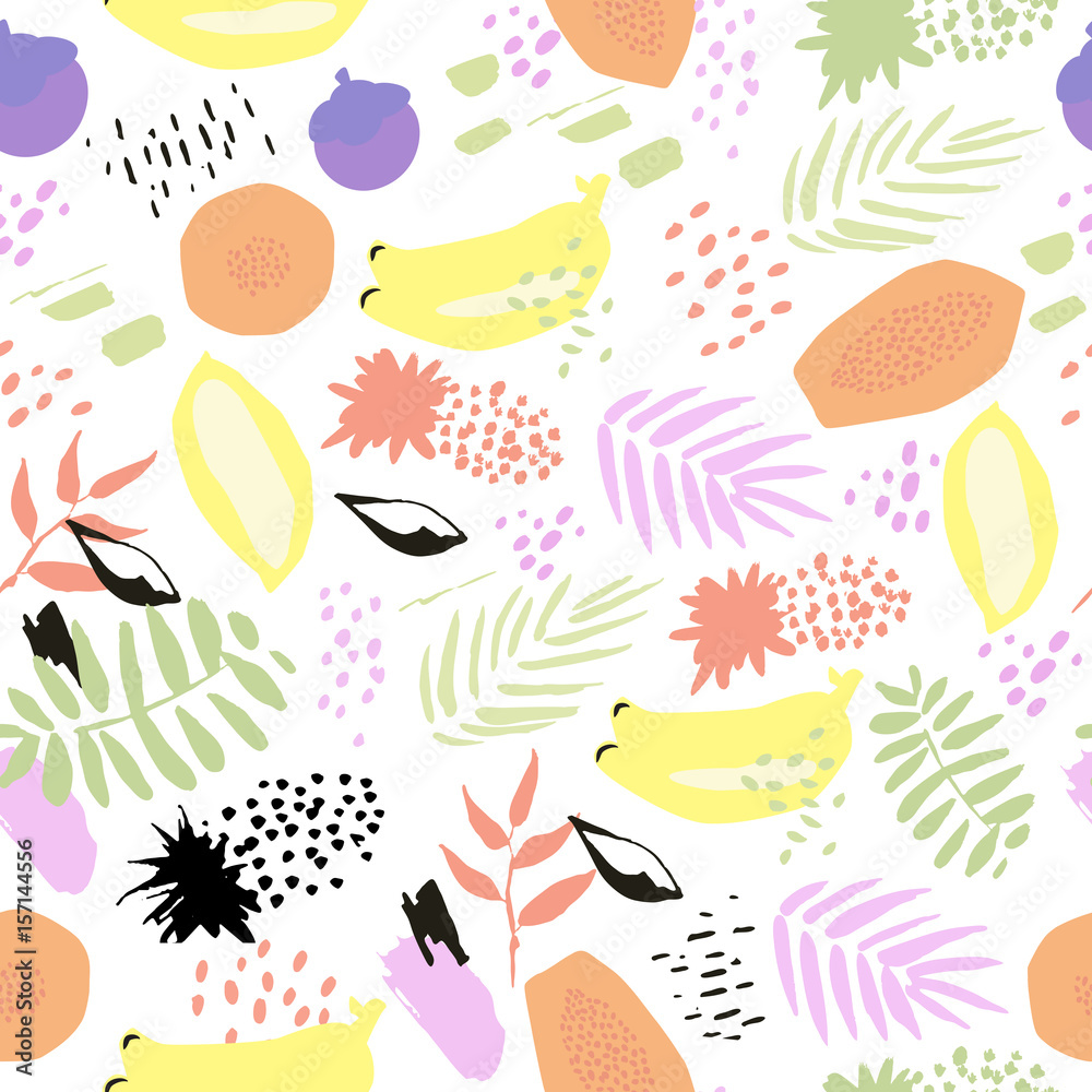 Creative abstract vector seamless background with leaves and fruits. In hand drawn style. Tropical summer mood