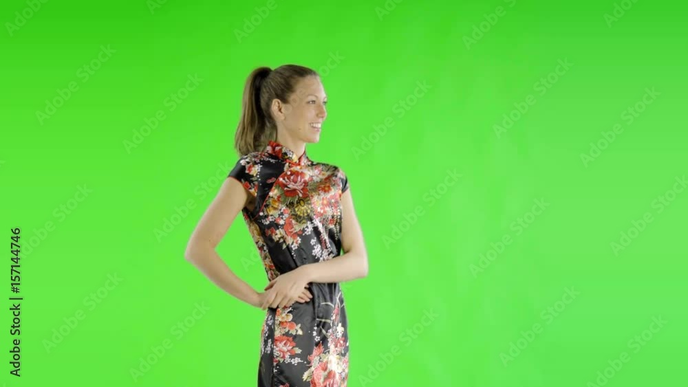 caucasian woman greenscreen cut out chineese asian dress caucasian woman greenscreen cut out chineese asian dress