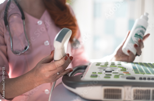 The ultrasound diagnostician is conducting a study in the hospital's office
