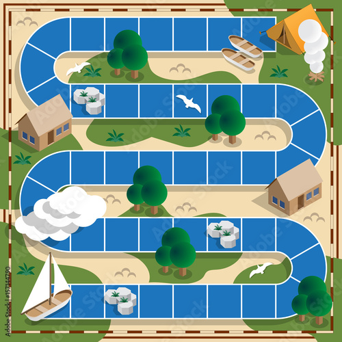 Camping on the river. Child Game. Isometric. Vector illustration.
