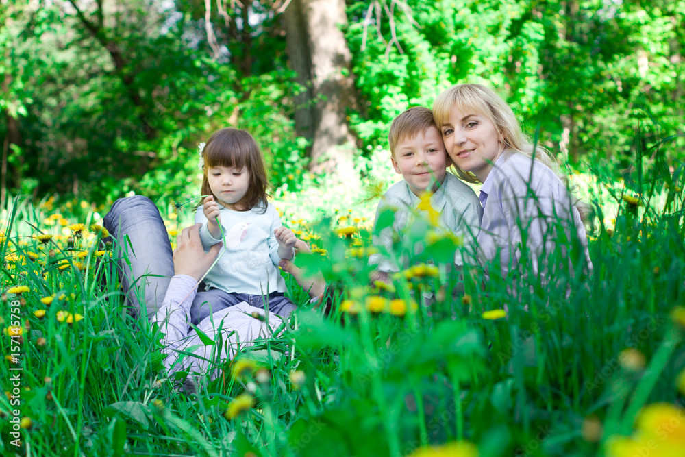 Fototapeta premium A family of four people having fun in the park.
