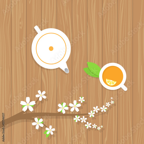 Tea teapot and a branch of the cherry blossoms on a wooden table. Vector illustration .