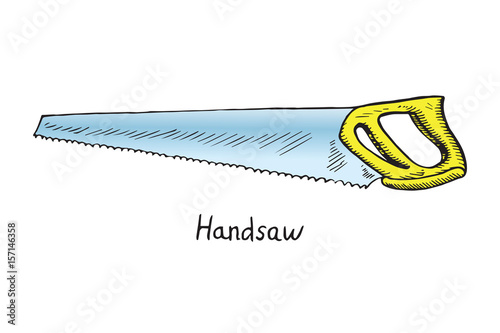 Handsaw, hand drawn doodle sketch in pop art style, vector color illustration
