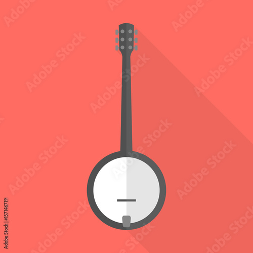 Image of a banjo on a red background. Flat design
