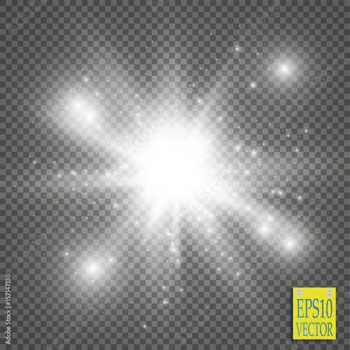 White glowing light burst explosion with transparent. Vector illustration for cool effect decoration with ray sparkles. Bright star. Transparent shine gradient glitter, bright flare. Glare texture.