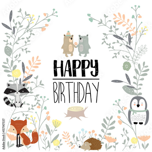 Colorful greeting card with bear,fox,porcupine,owl,flower,leaf and plant