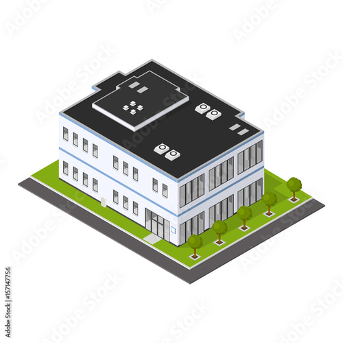 Isometric Office Exterior Icon.

Vector company building exterior with road and transportation.