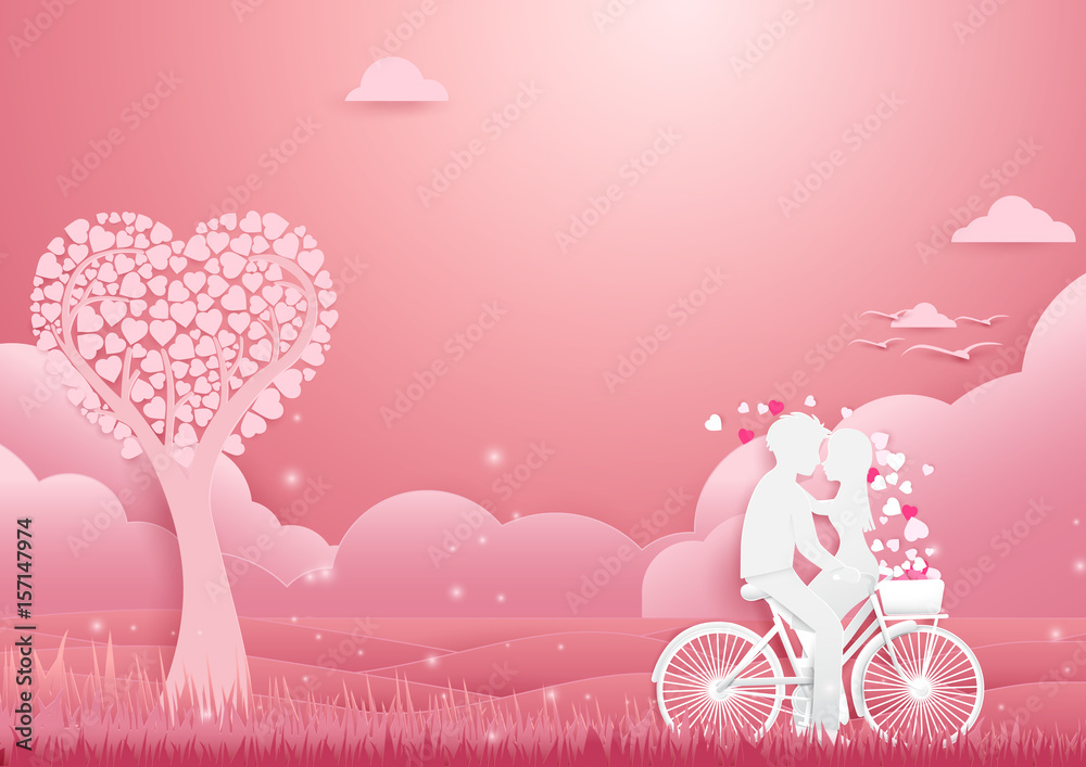 Fototapeta Paper art, Couple on bicycle concept romantic love. Valentines day background