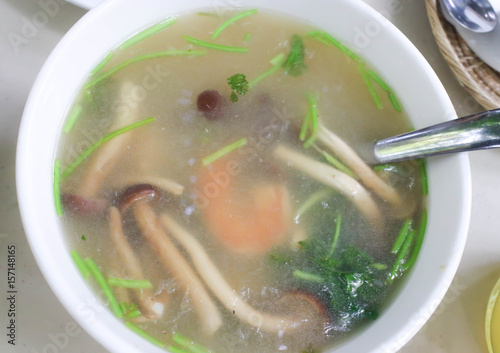 Close up Mushroom Tom Yum Soup,Thai food photo