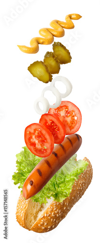 hot dog with flying ingredients 