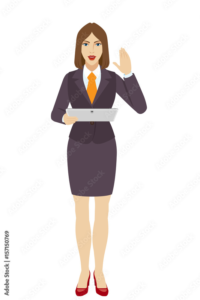 Businesswoman holding a digital tablet PC and greeting someone with his hand raised up Businesswoman holding a digital tablet PC and greeting someone with his hand raised up