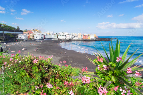 beach with black sand and flowers, Playa Jardin, Puerto de la Cruz de Tenerife, Spain