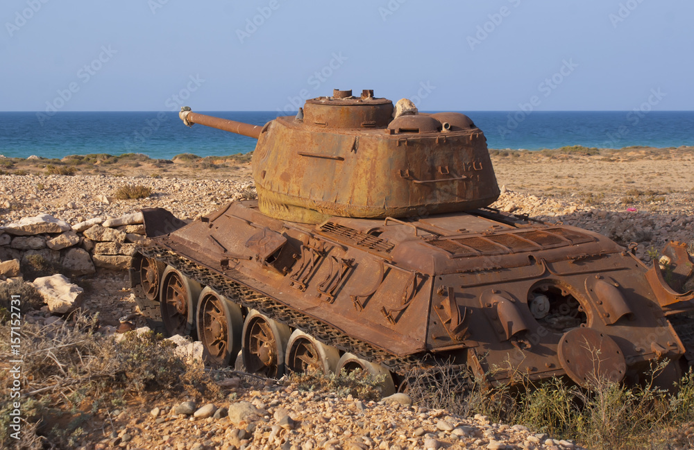 Old, abandoned Soviet tank T-34 on the shore of the island of Socotra