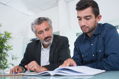 Quadro su tela Two businessmen looking at book
