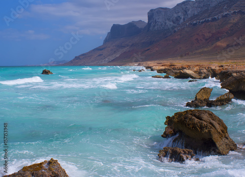 The rocky shore of the island of Socotra in the Indian ocean. Yemen.