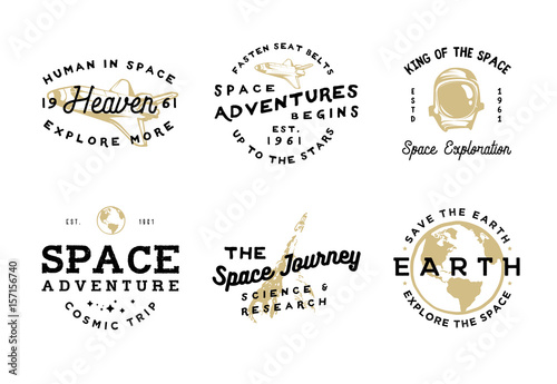 Space logotypes in vintage style with objects