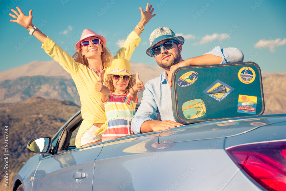 Happy family travel by car in the mountains - obrazy, fototapety, plakaty 