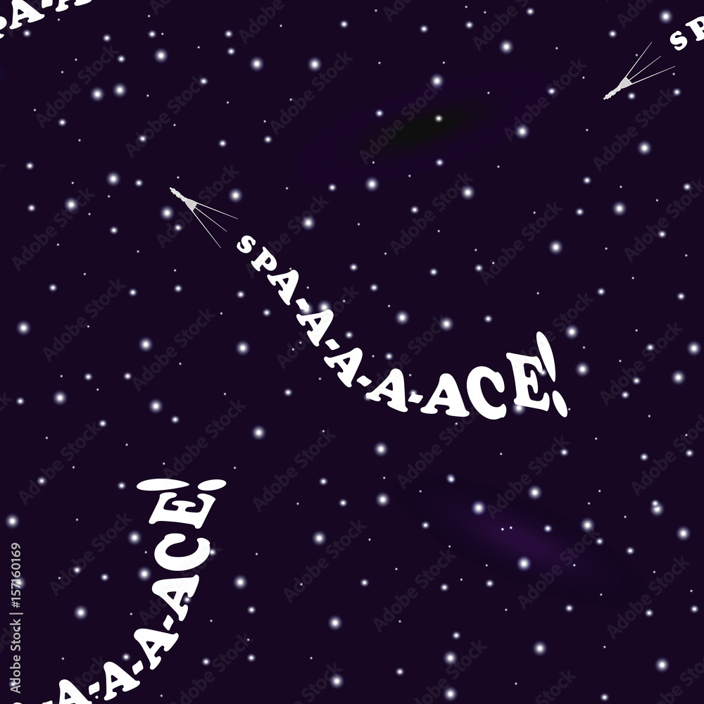 Humorous seamless pattern on the theme of space exploration. Cassini-like research shuttle is flying in deep space. Behind the shuttle you can see a train in the form of inscription Spa-a-ace! Humorous seamless pattern on the theme of space exploration. Cassini-like research shuttle is flying in deep space. Behind the shuttle you can see a train in the form of inscription Spa-a-ace!
