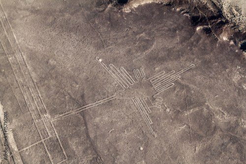 Aerial view of geoglyphs near Nazca - famous Nazca Lines, Peru. In the center, Hummingbird figure is present photo