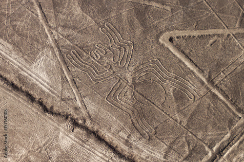 Aerial view of geoglyphs near Nazca - famous Nazca Lines, Peru. In the center, Spider figure is present. photo