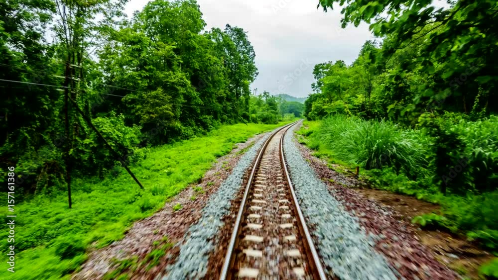 Hyperlapse 4K, Beautiful green nature view seen form train pass in fast motion.