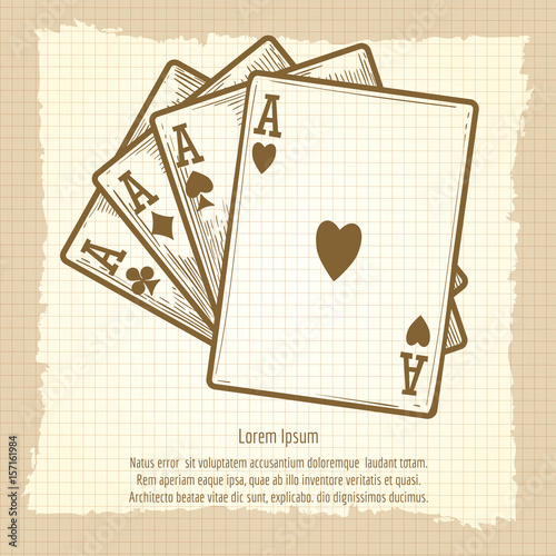 Hand drawn black jack cards compostion. Vector four aces vintage poster