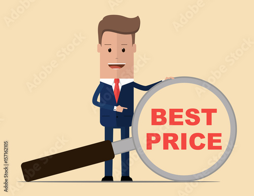 Businessman with loupe text Best Price. Business concept . Vector illustration