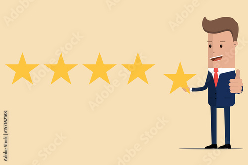 Businessman giving five star rating vector. Vector illustration