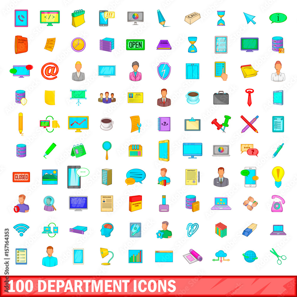 100 department icons set, cartoon style 100 department icons set, cartoon style