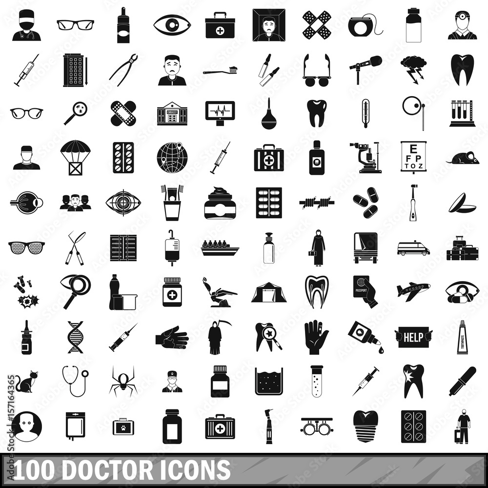 100 doctor icons set, simple style 100 doctor icons set, simple style