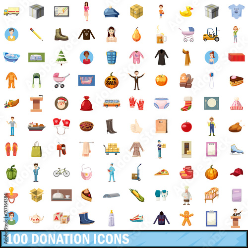 100 donation icons set, cartoon style