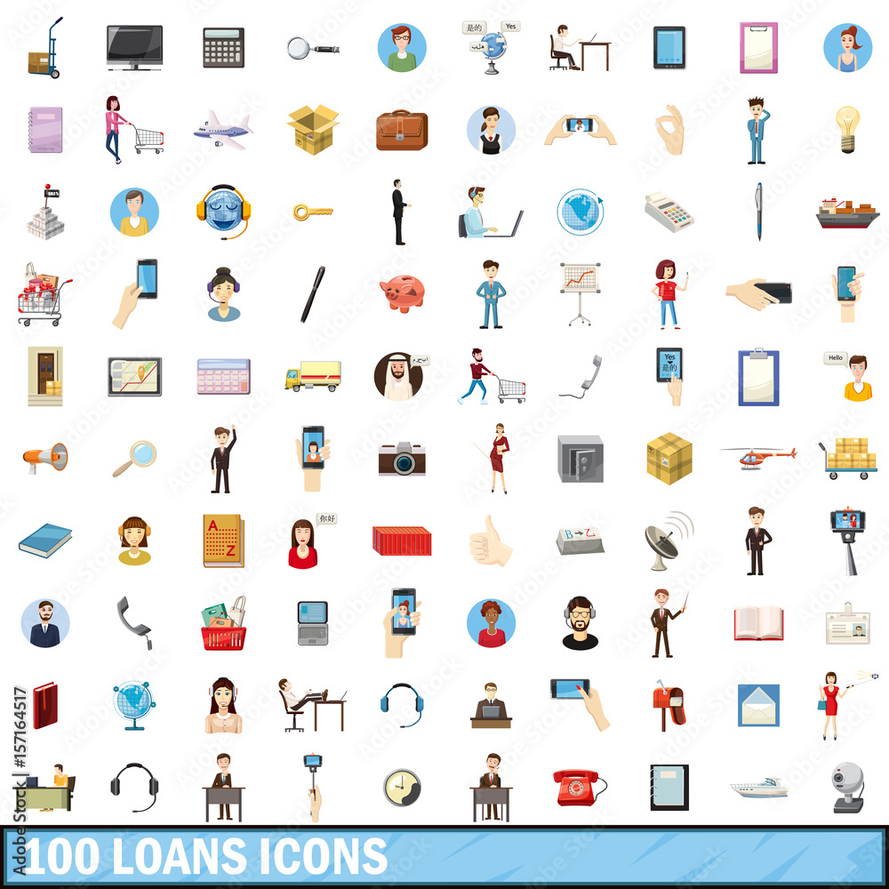 100 loans icons set, cartoon style