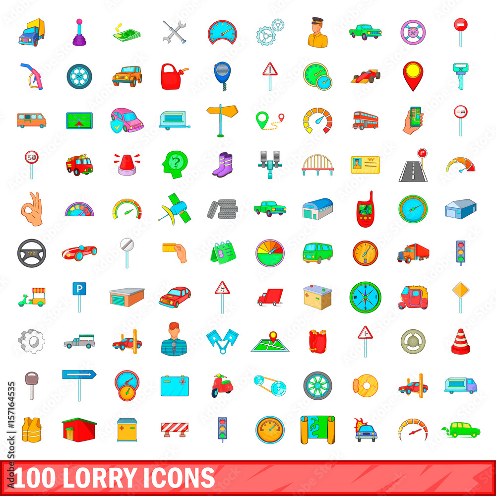100 lorry icons set, cartoon style 100 lorry icons set, cartoon style