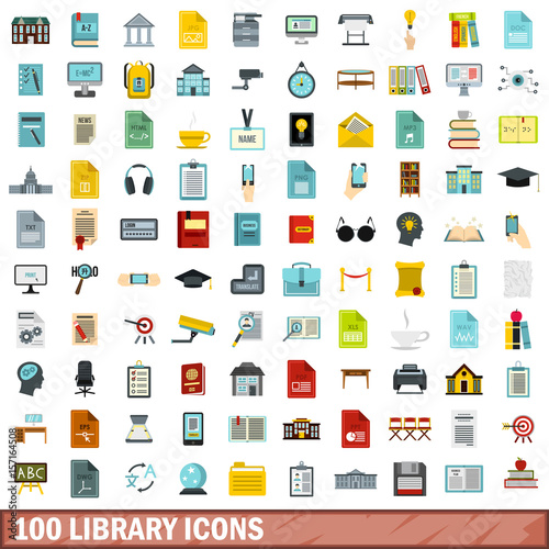 100 library icons set, flat style