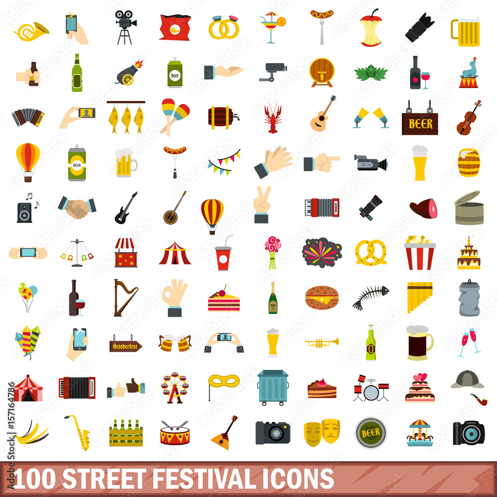 100 street festival icons set, flat style