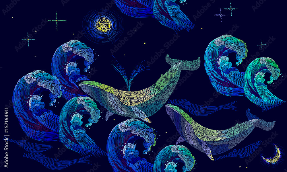 Fototapeta premium Hafty wielorybów wzór. Błękitne wieloryby unoszą się na nocnym morzu. Klasyczny haft artystyczny, wzór duże fale oceanu i wieloryby. Szablon do projektowania ubrań, tekstyliów, t-shirtów